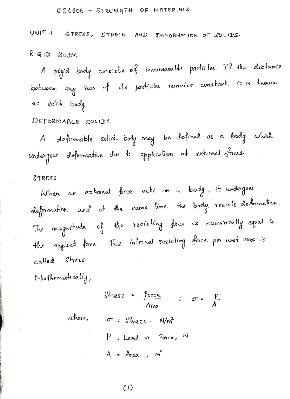CE6306 Strength of Materials: Detailed Notes on Stress, Strain, and ...