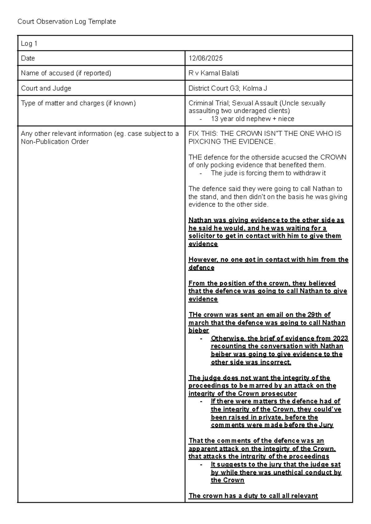 LAWS2351 - Court Observation Log: Witness Testimonies and Proceedings ...