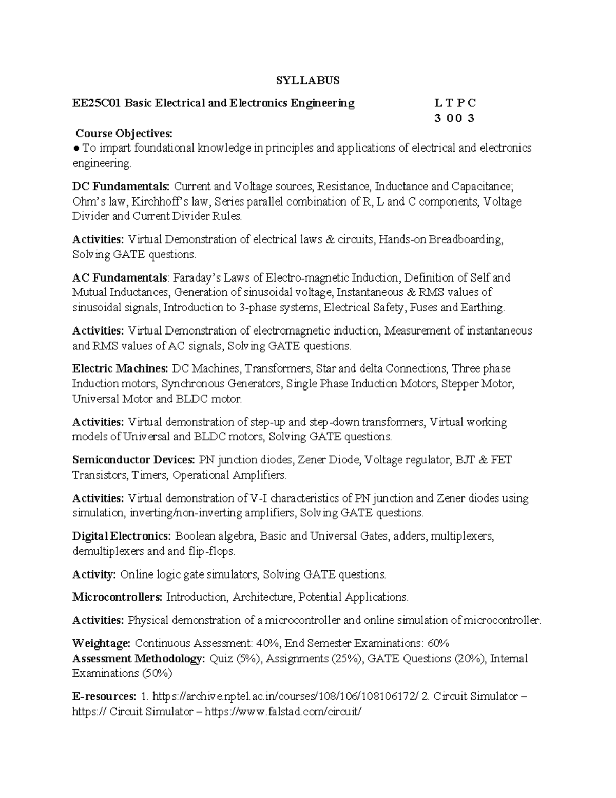 SYLLABUS EE25C01 Basic Electrical & Electronics Engg Overview - Studocu