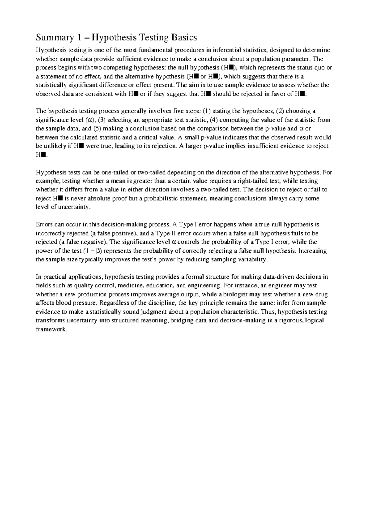 Summary 1 – Basics of Hypothesis Testing in Statistics - Studocu