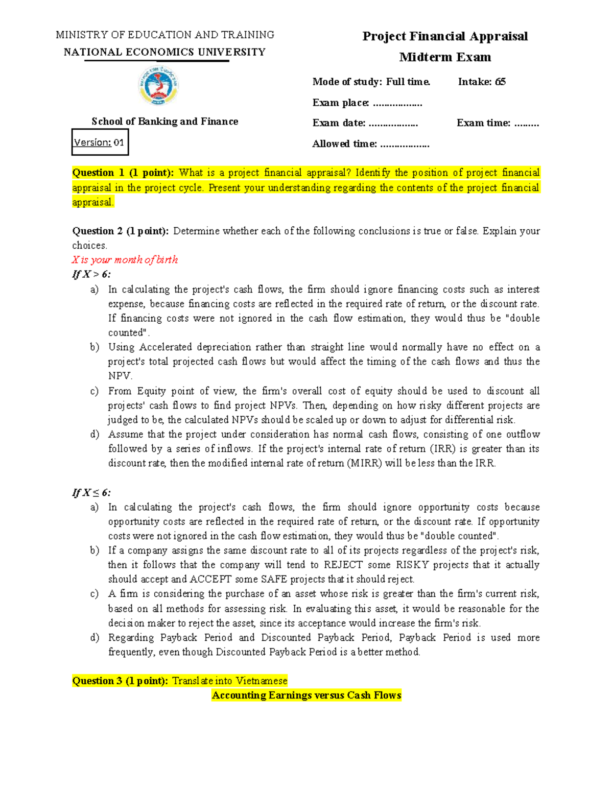 TĐTCDA E Midterm Exam: Project Financial Appraisal Insights - Studocu