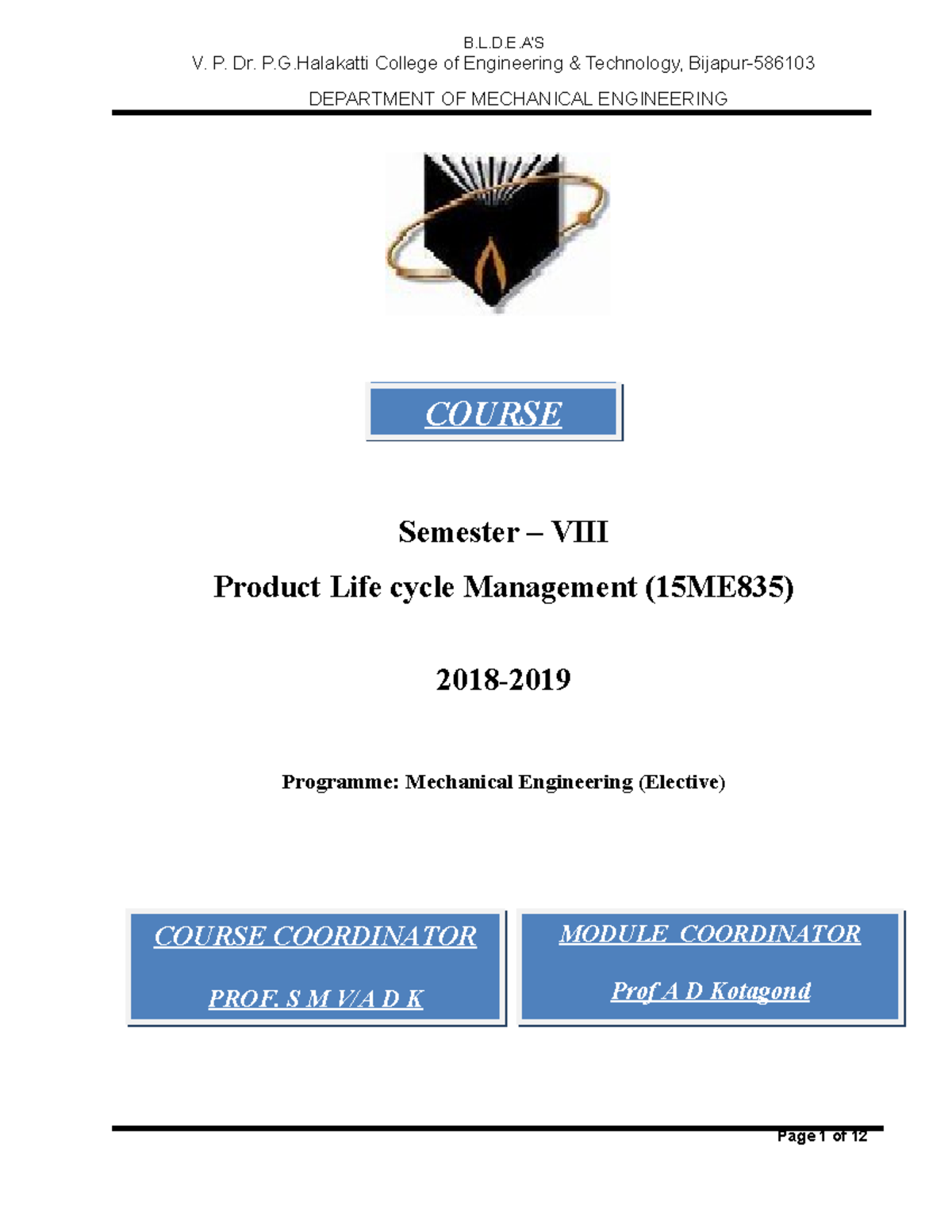 Course Plan for Product Life Cycle Management 15ME835 - 8th Sem - Studocu