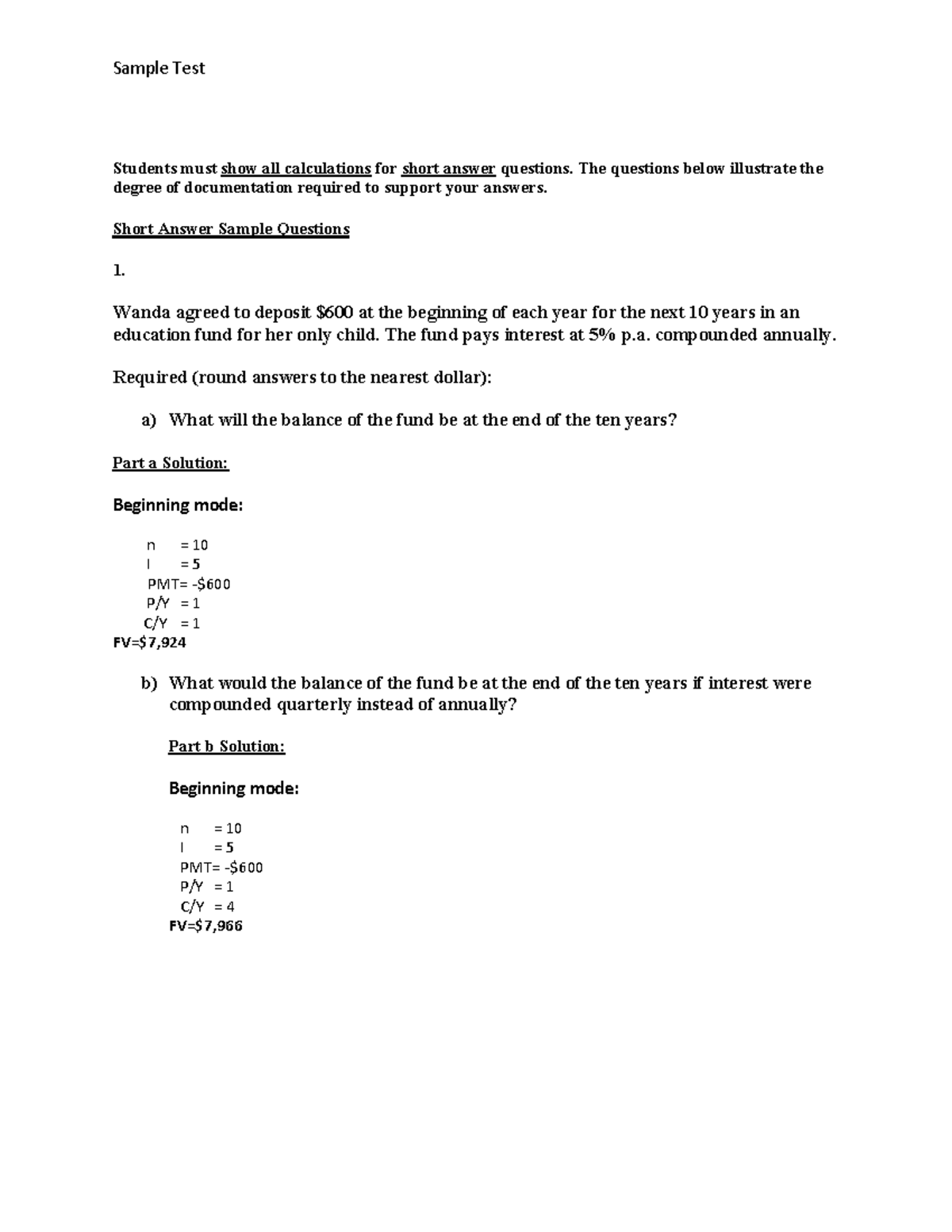 Sample test - practice test for short answer calculations - Studocu
