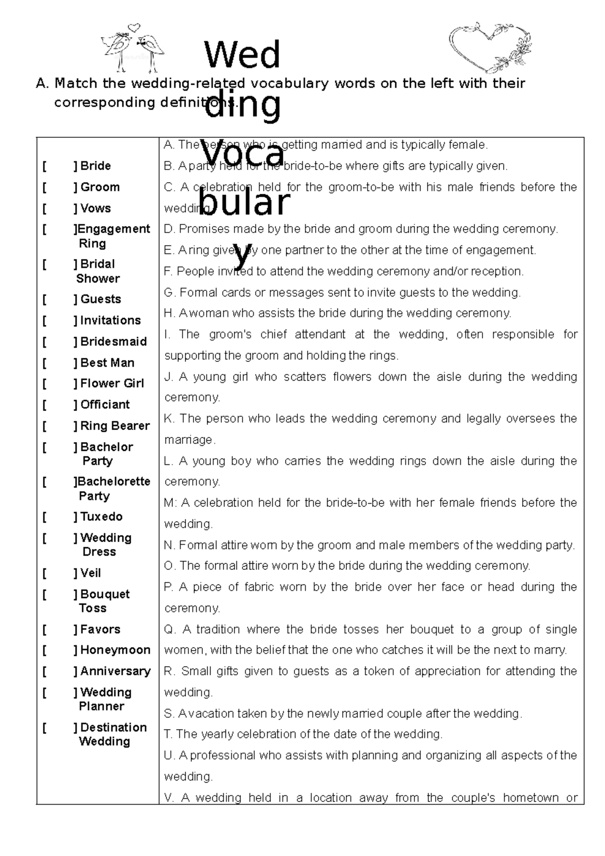 Wedding Vocabulary Guide 157314 - Studocu