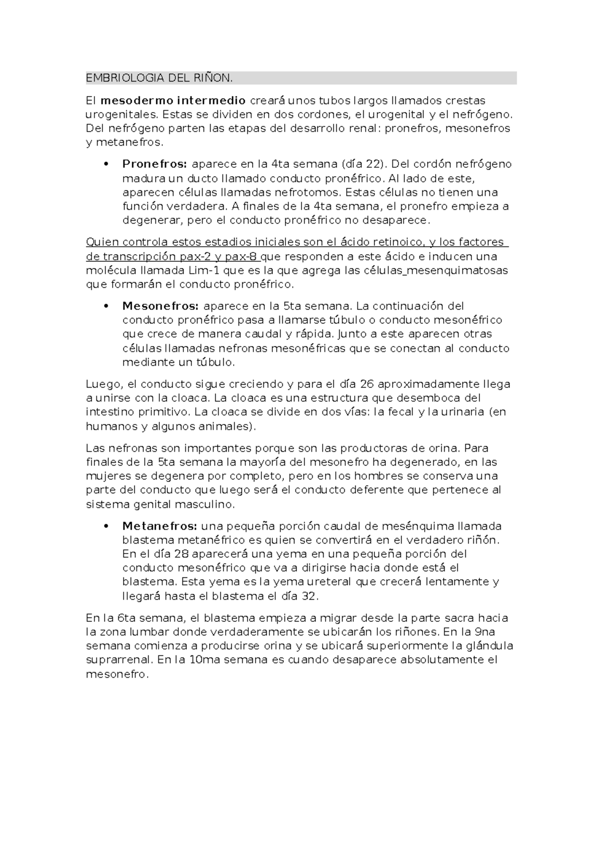 Embriología del Riñón: Desarrollo y Etapas Renales - Studocu