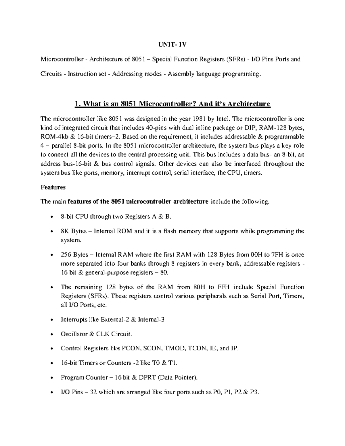 R 20 MPMC-UNIT IV - 8051 Microcontroller Architecture & Programming ...
