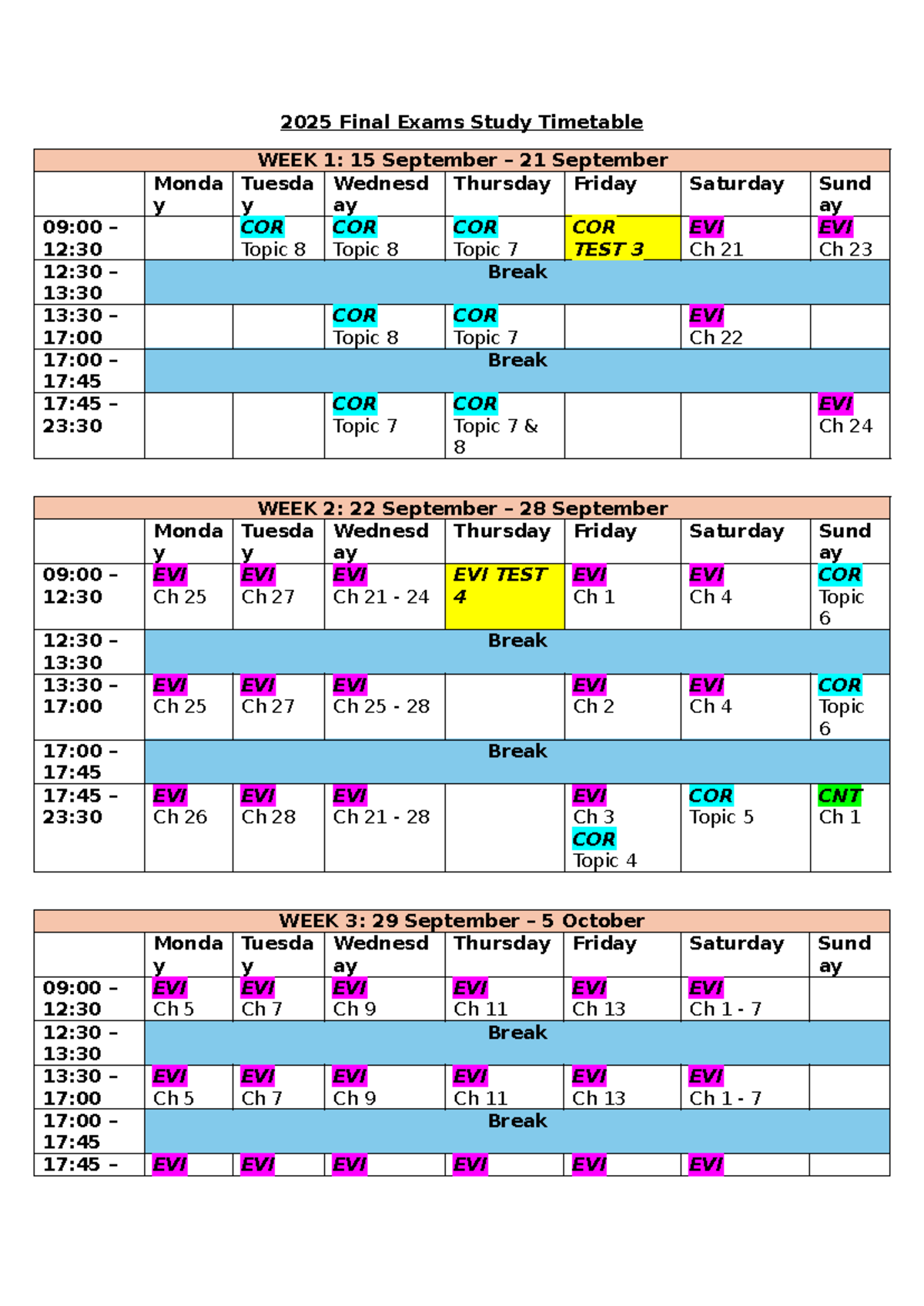 2025 Final Exam Study Timetable: Weekly Schedule & Topics - Studocu