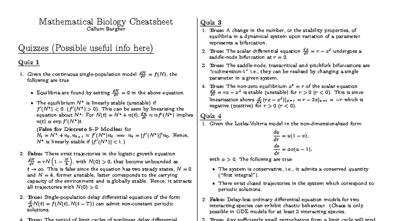 Mathematical Biology Cheatsheet: Quiz Notes and Key Concepts - Studocu