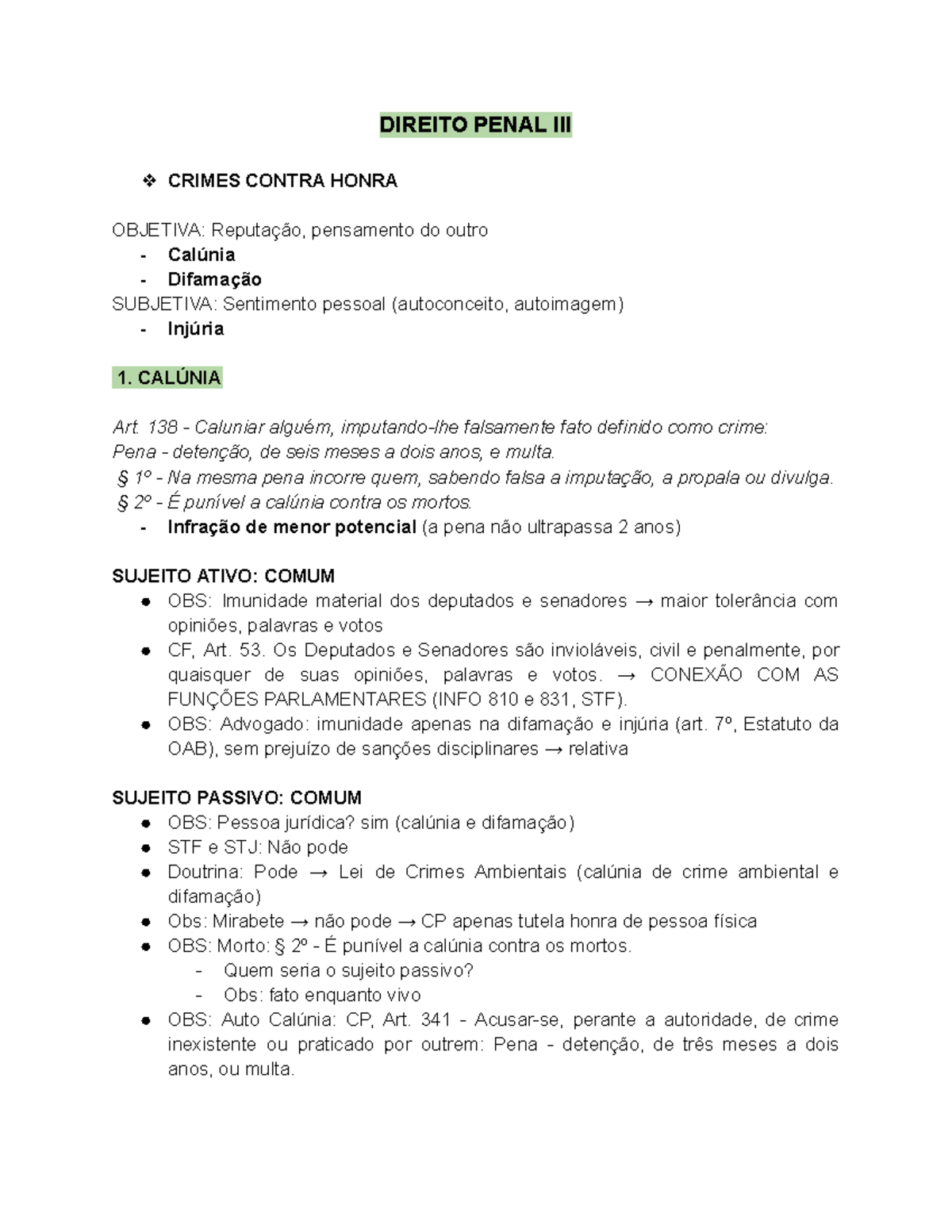 Crimes contra a honra - DIREITO PENAL III CRIMES CONTRA HONRA OBJETIVA ...
