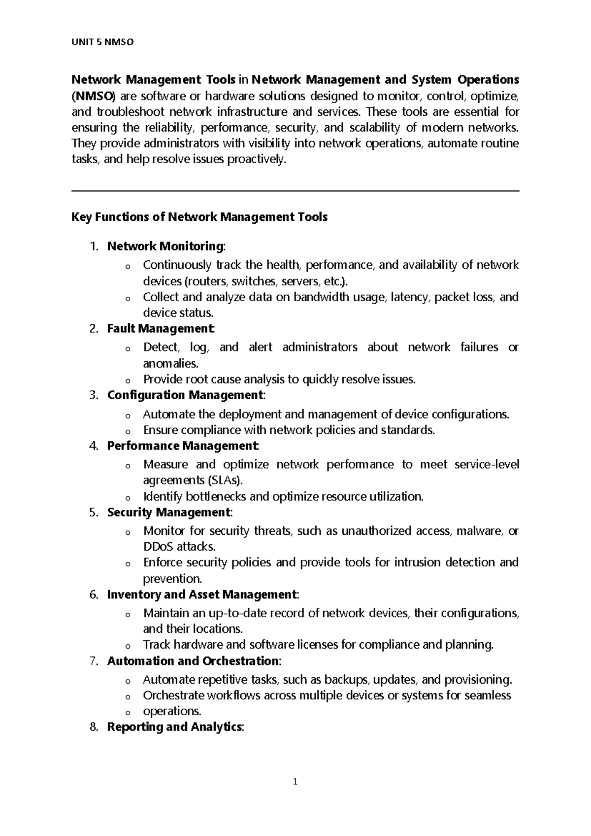 NMSO UNIT 5 - Key Functions and Tools in Network Management Systems ...