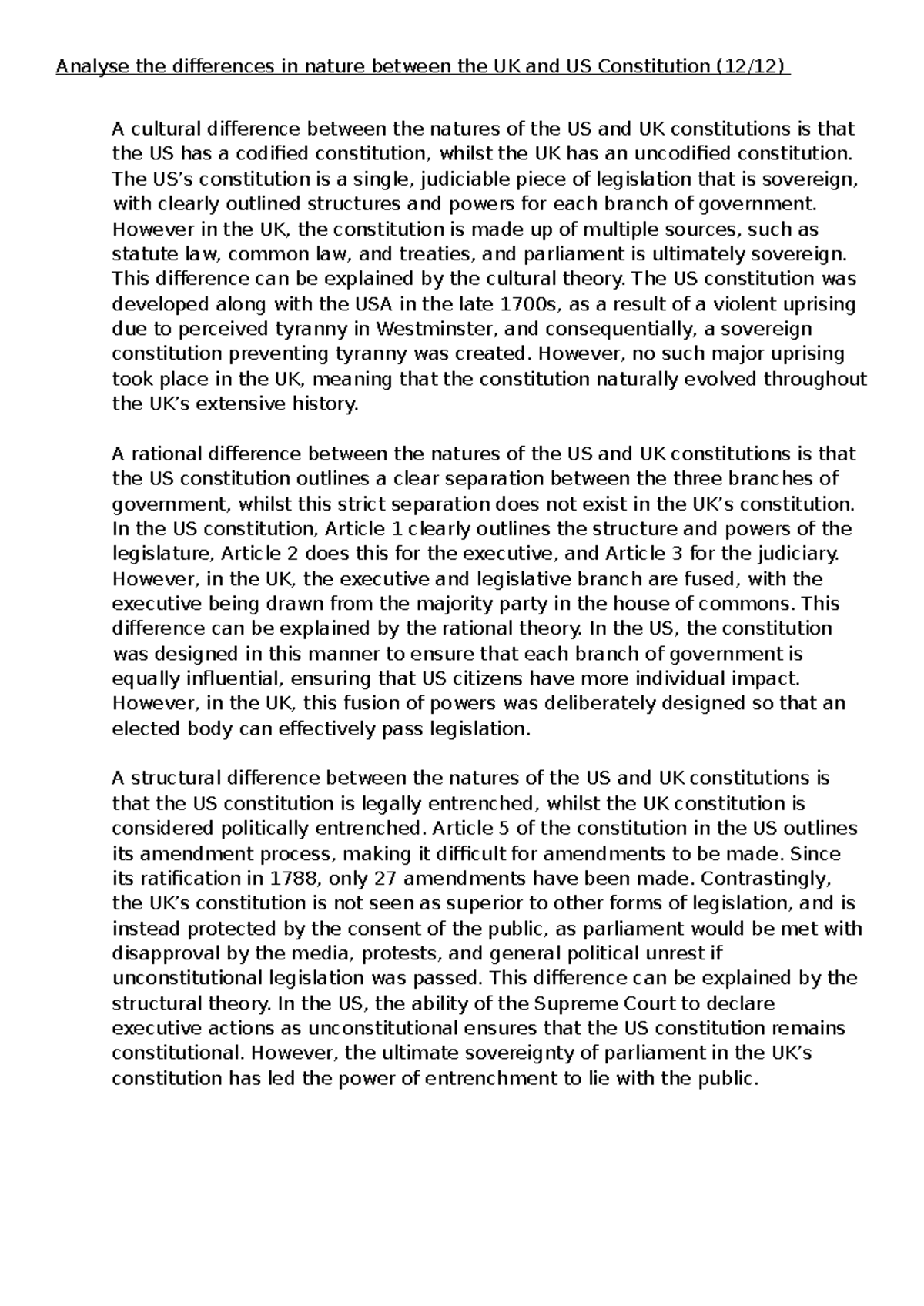 Comparative Analysis of the UK and US Constitutions: Key Differences ...