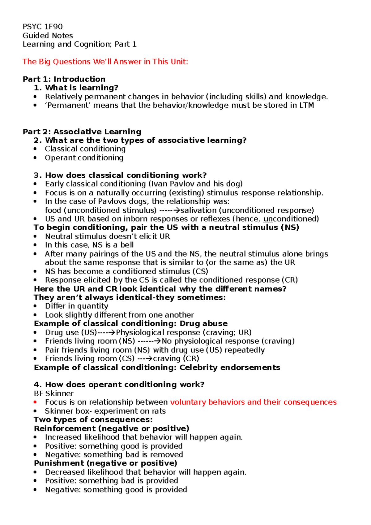 PSYC 1F Learning & Cognition: Guided Notes Part 1 - Studocu