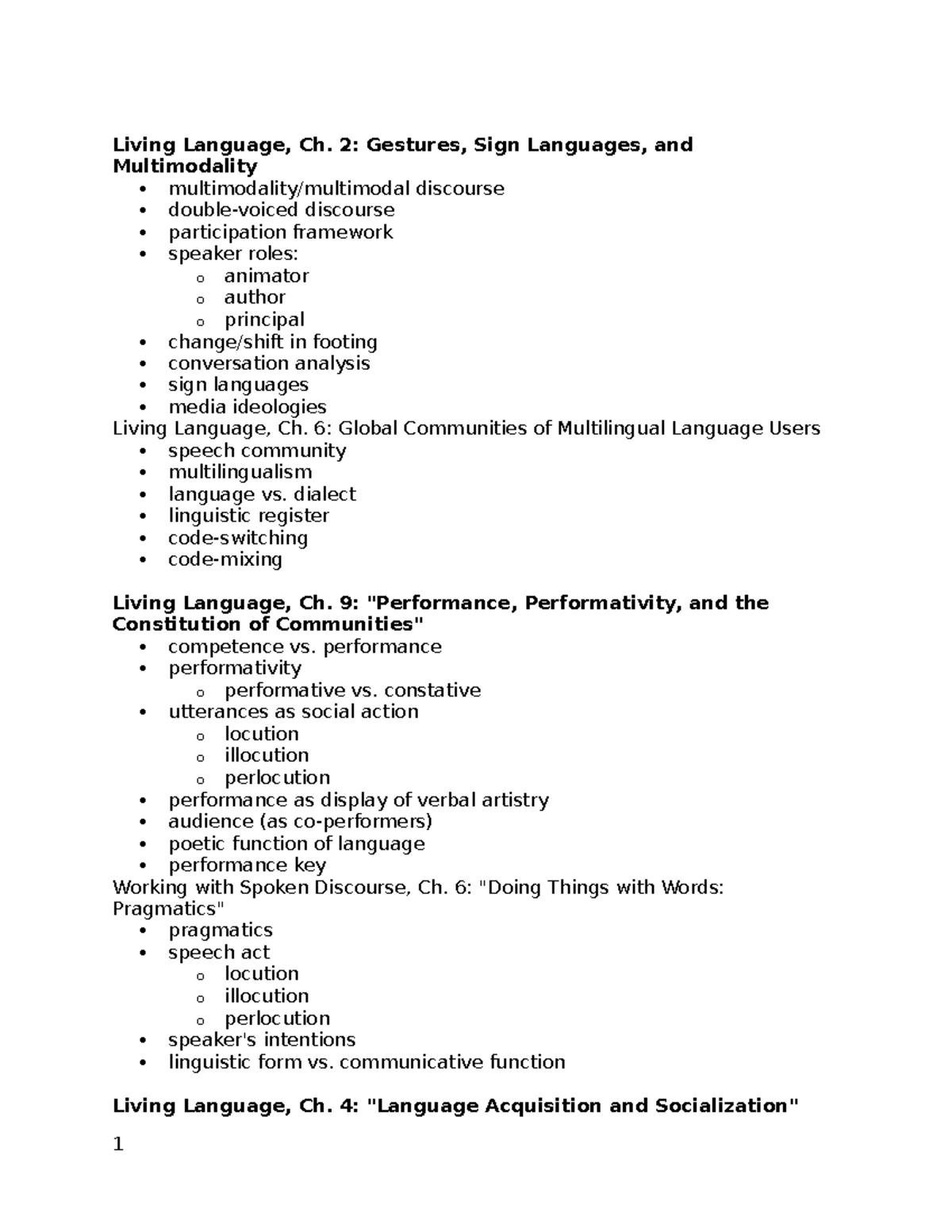 Key Terms - Living Language, Ch. 2: Gestures, Sign Languages, and ...