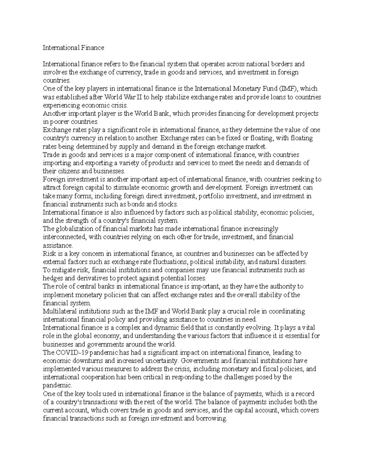 International Finance (FIN 201): Key Concepts and Current Trends - Studocu