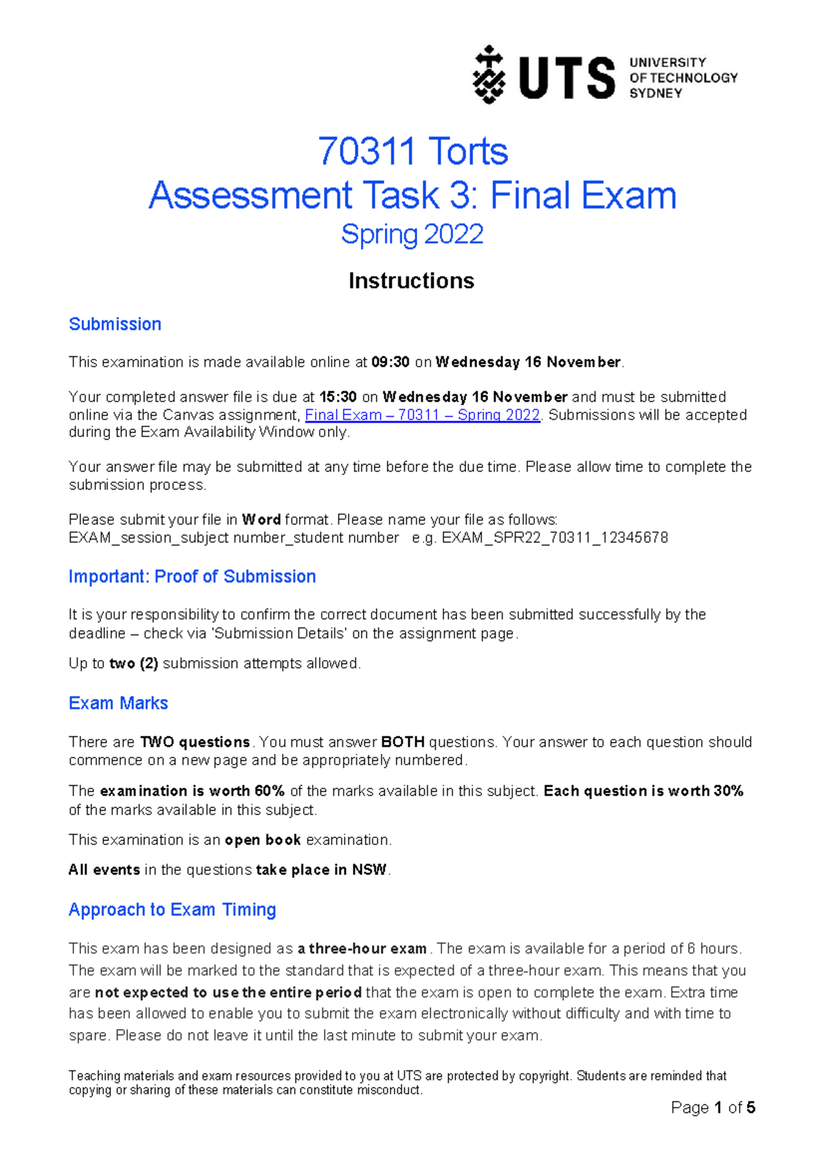 70311 Torts Final Exam Instructions & Questions - Spring 2022 - Studocu