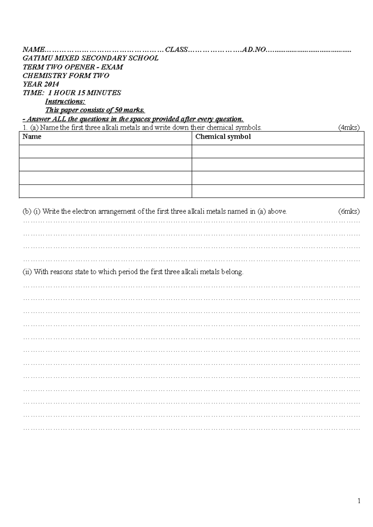 Chemistry form 2 term two exams opener term exms year 2014 - - Studocu