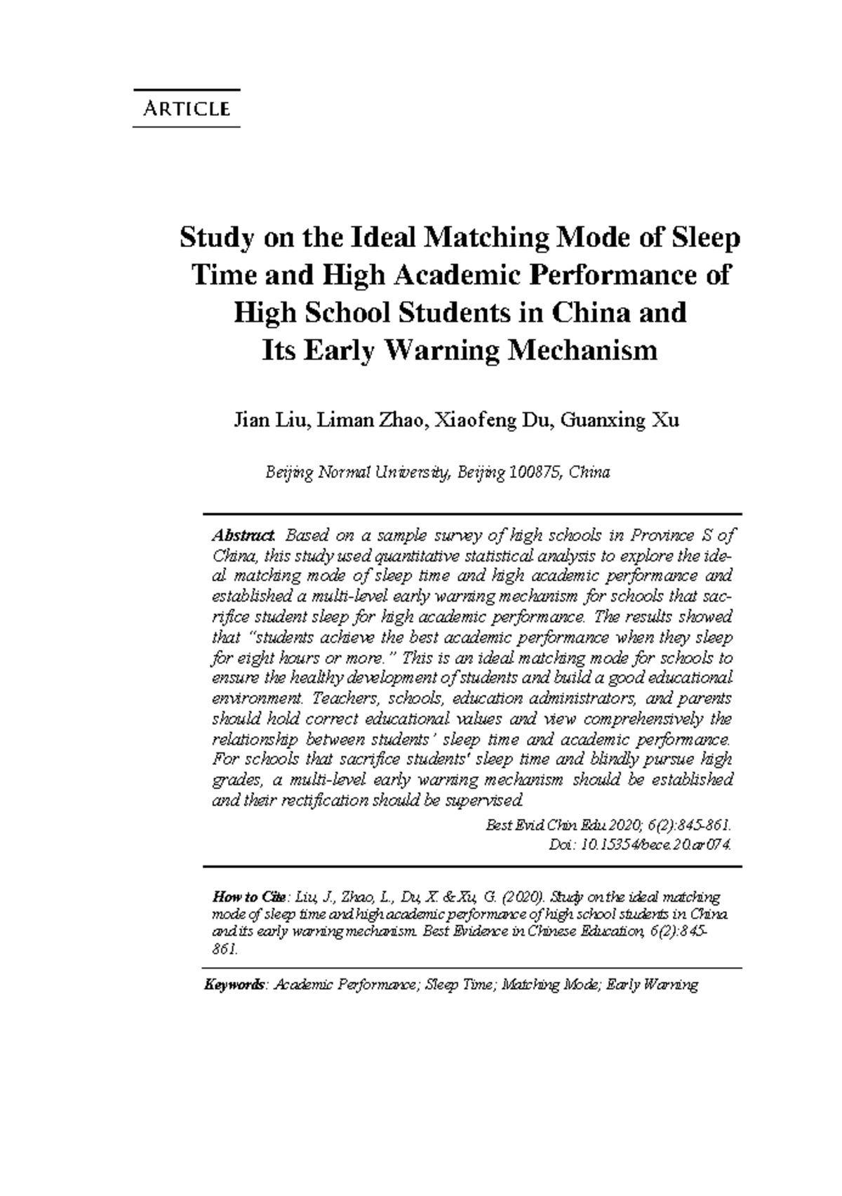 Study on Sleep Time and Academic Performance in Chinese High School ...