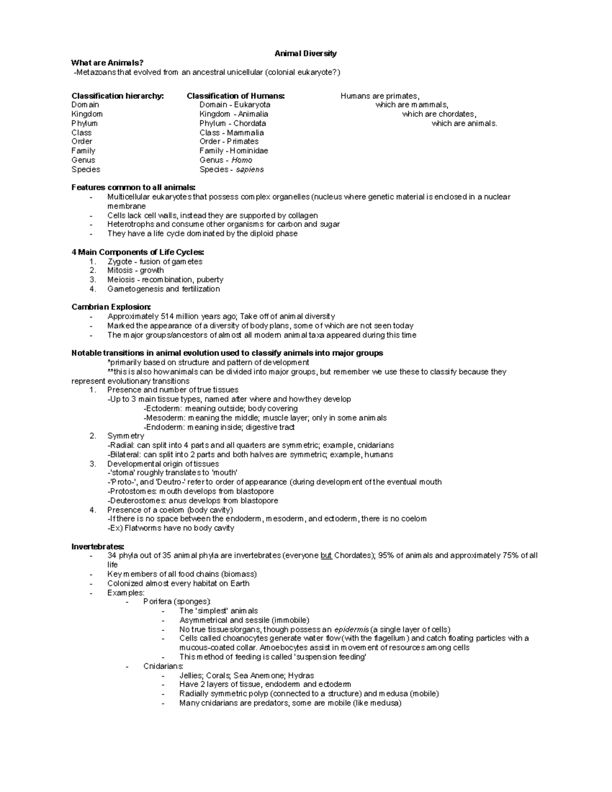 Animal Diversity Study Sheet - Animal Diversity What are Animals ...