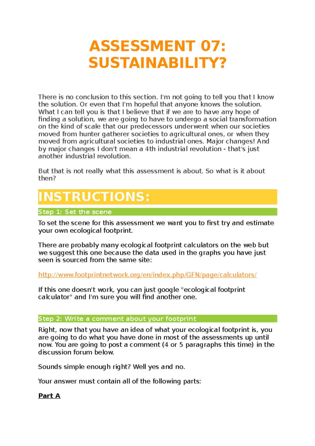 Assessment 07 - Sustainability Reflection and Ecological Footprint - Studocu
