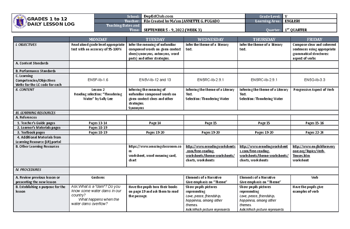 DLL English 5 Q1 W3 - Weekly Lesson Plan for Grade V - Studocu