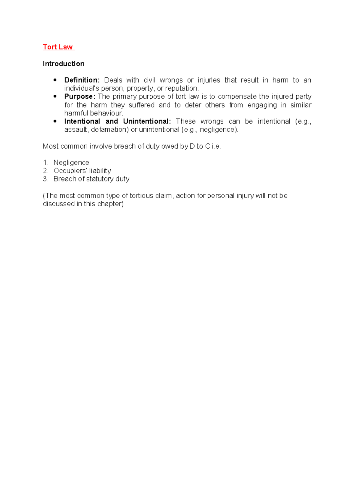 Tort Law Overview: Key Concepts and Negligence Principles - Studocu
