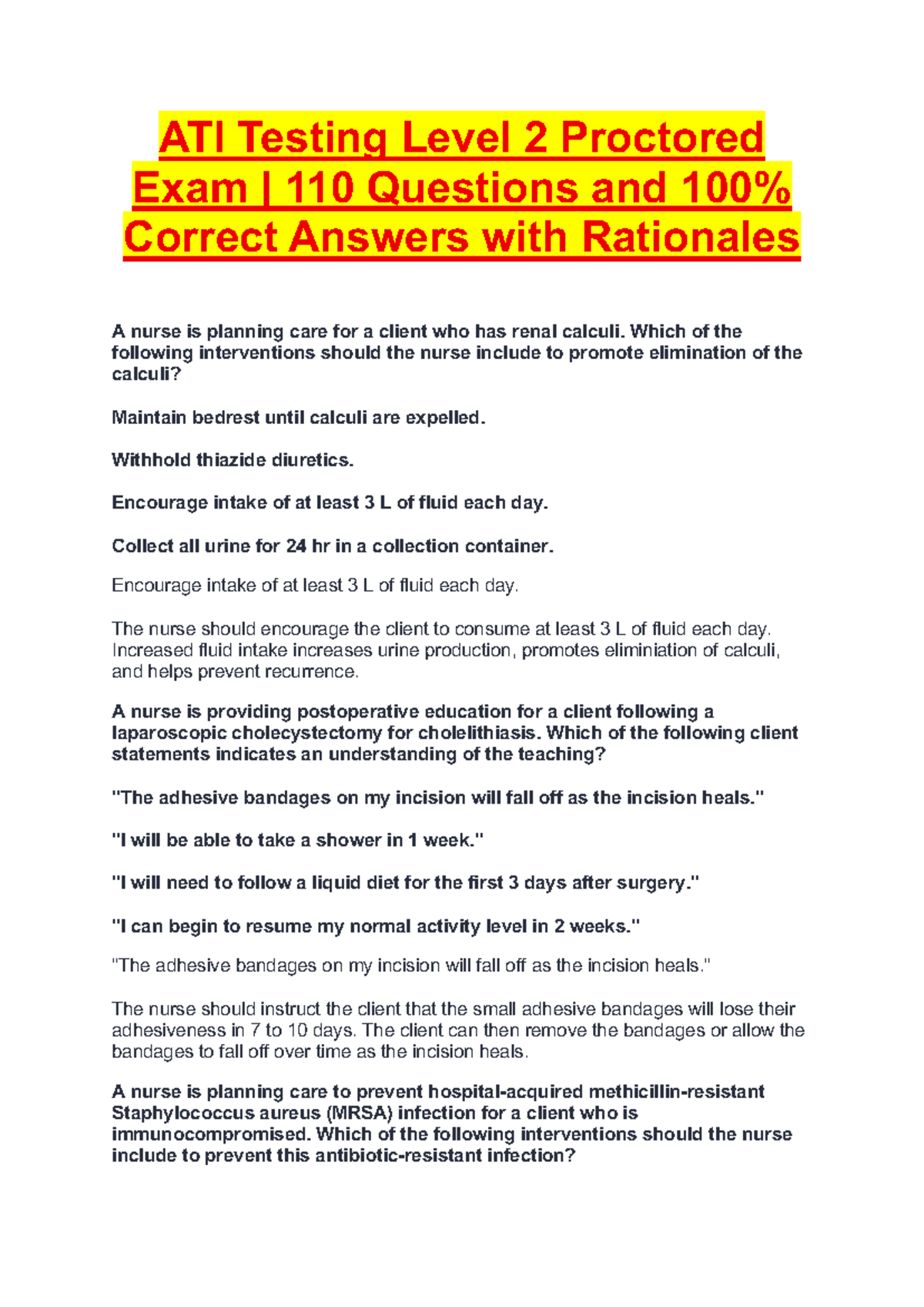 ATI Testing Level 2 Proctored Exam: 110 Questions & Rationales - Studocu