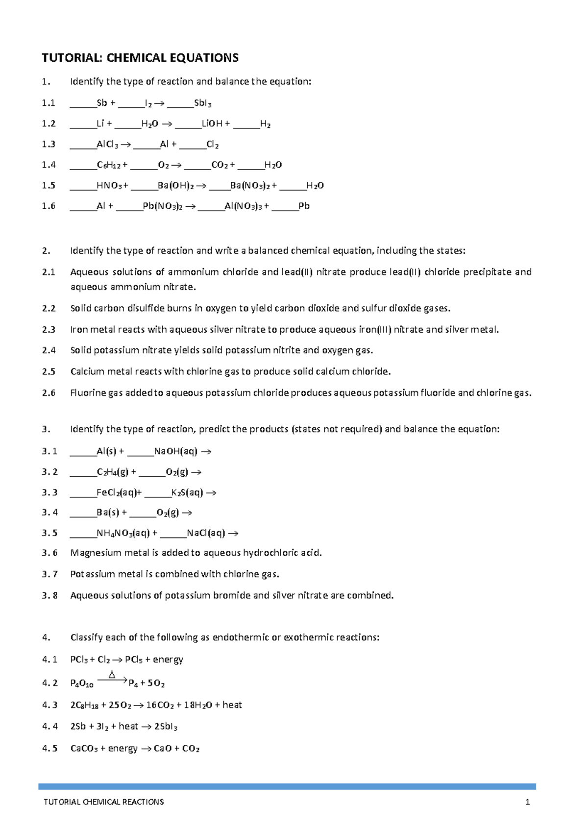 Tutorial: Chemical Equations and Reaction Types (CHEM 101) - Studocu