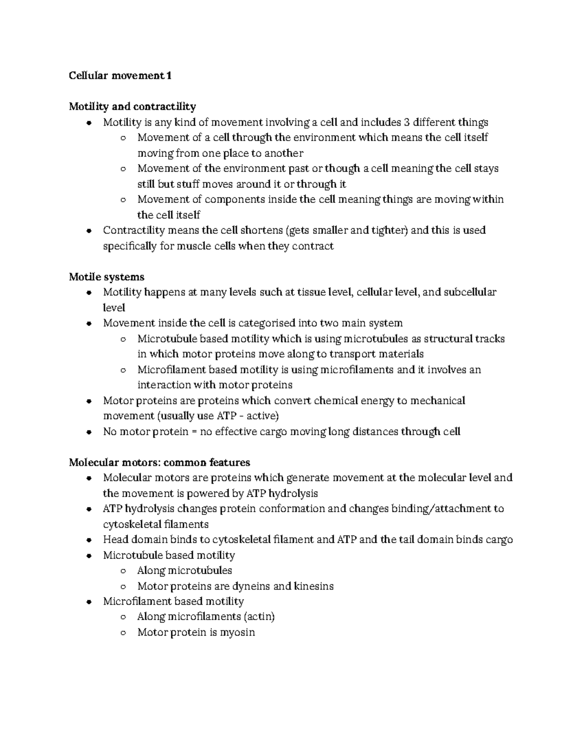 Cell Biology 2 -2 - Cellular Movement: Motility and Contractility Notes ...