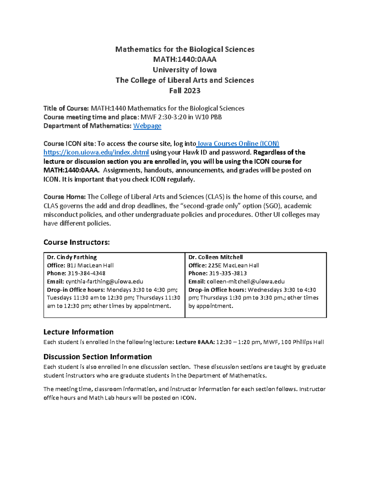 MATH:1440 Syllabus - Mathematics for Biological Sciences Fall 2023 ...