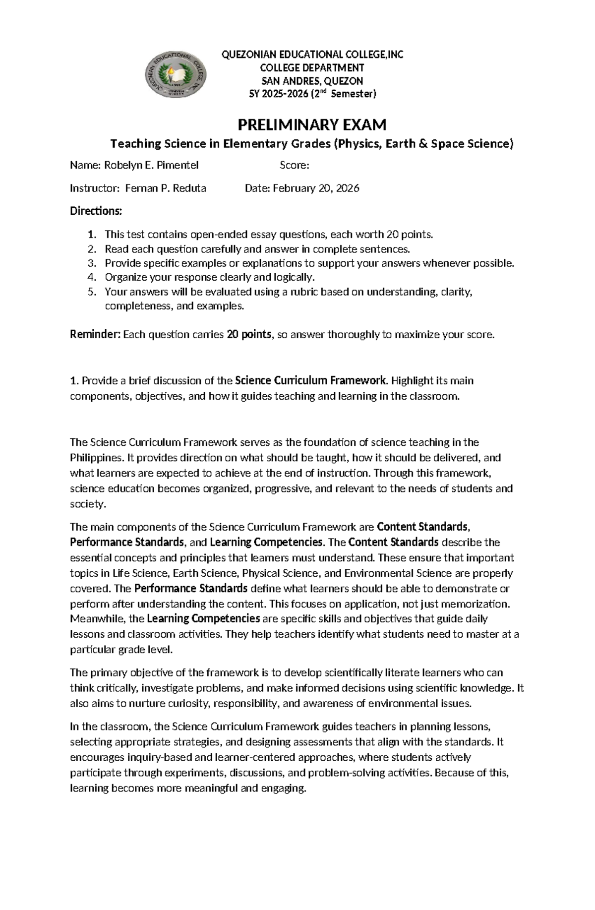 Teaching Science in Elementary Grades (SY 2026) - Prelim Exam Notes ...
