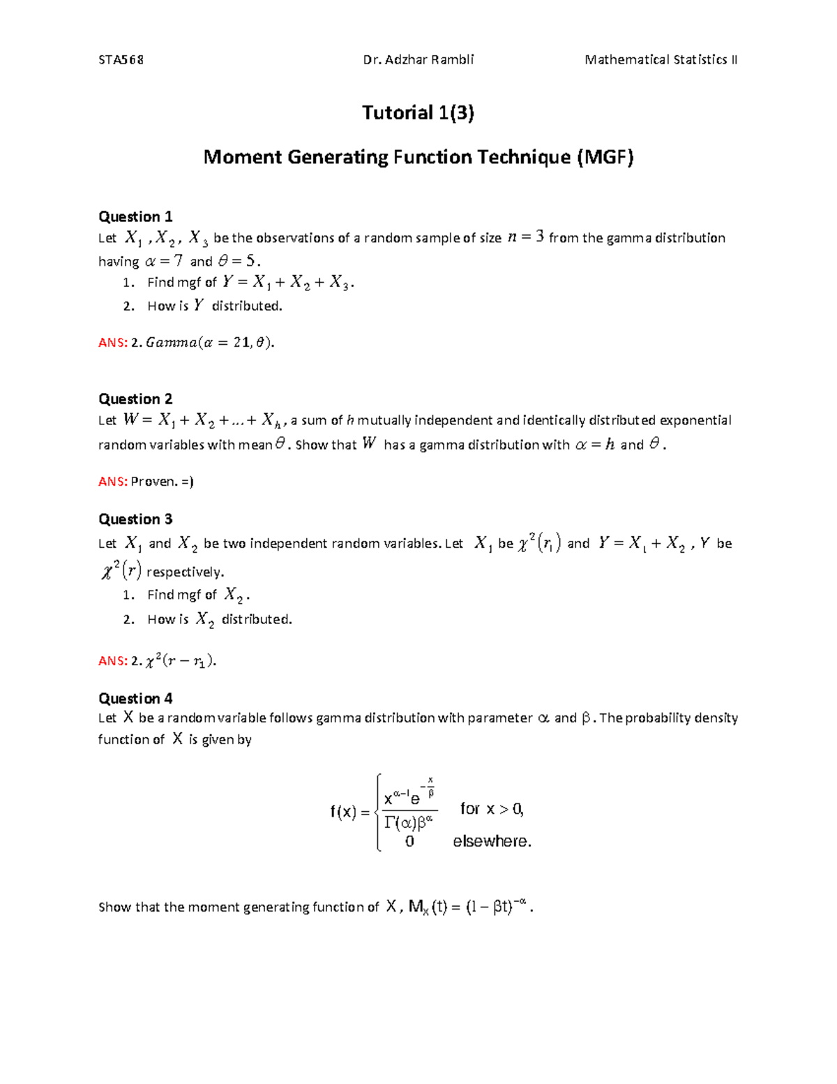STA568 Mathematical Statistics II Tutorial 1: Moment Generating ...
