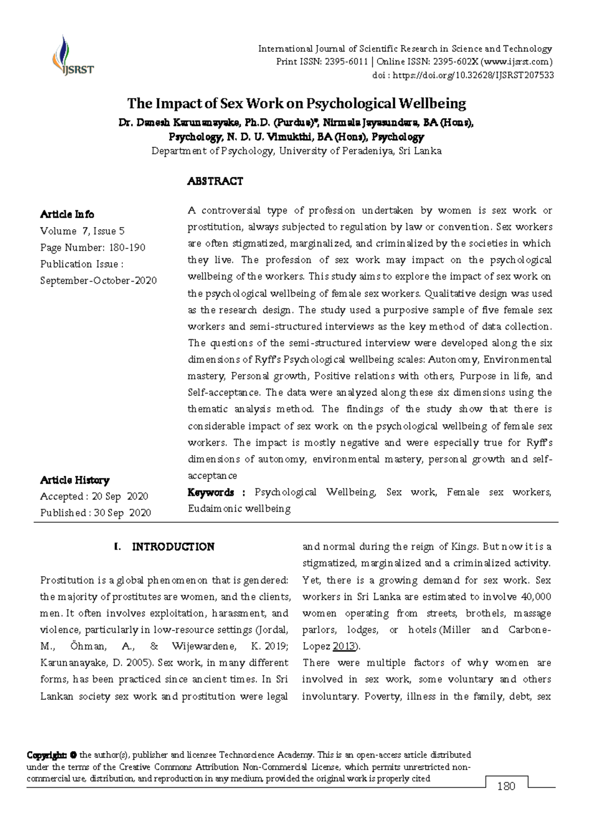 The Impact of Sex Work on Psychological Wellbeing - IJSRST Vol 7 Issue ...