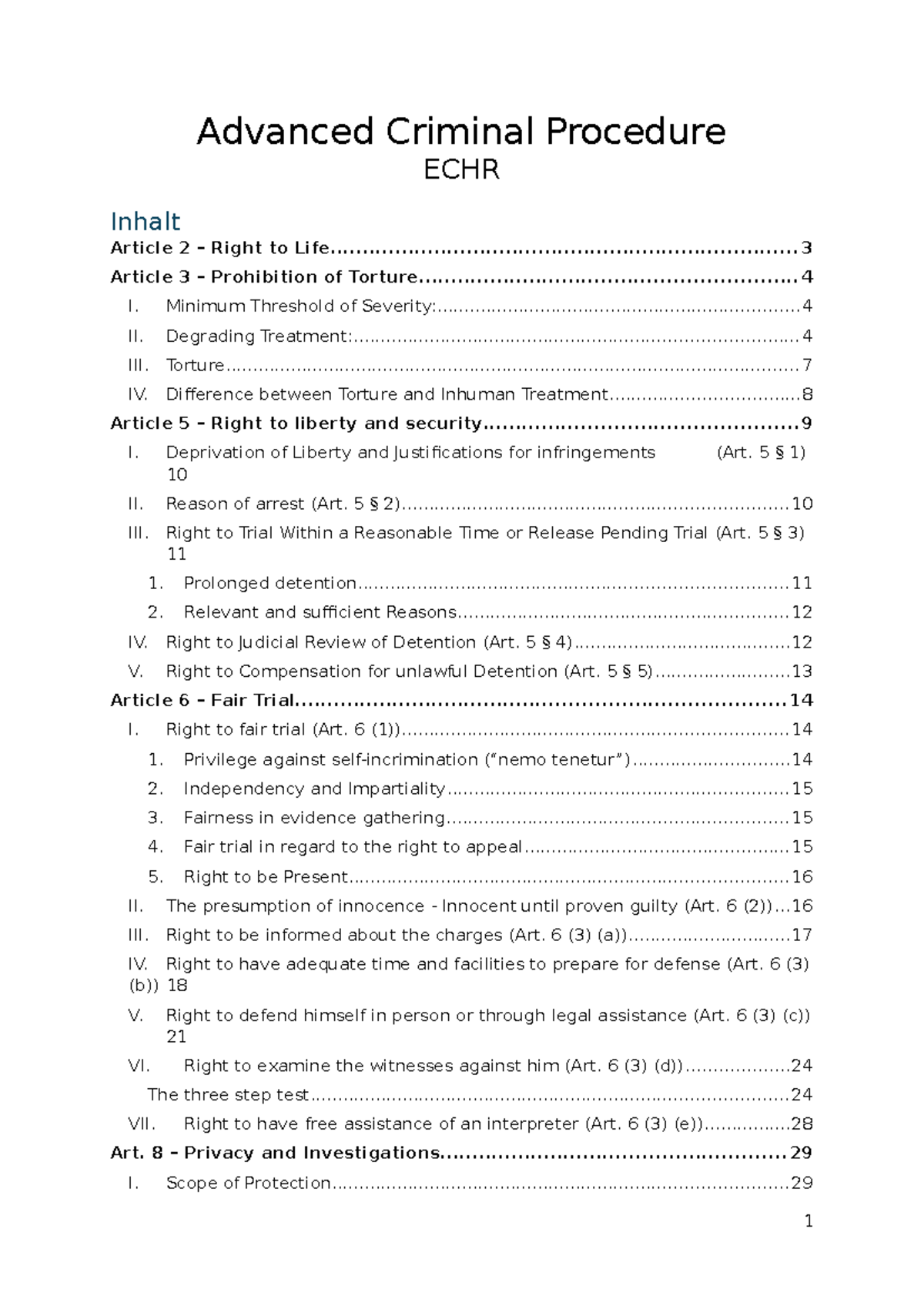 ECHR - Comprehensive Overview of Articles & Case Law Summary - Studeersnel