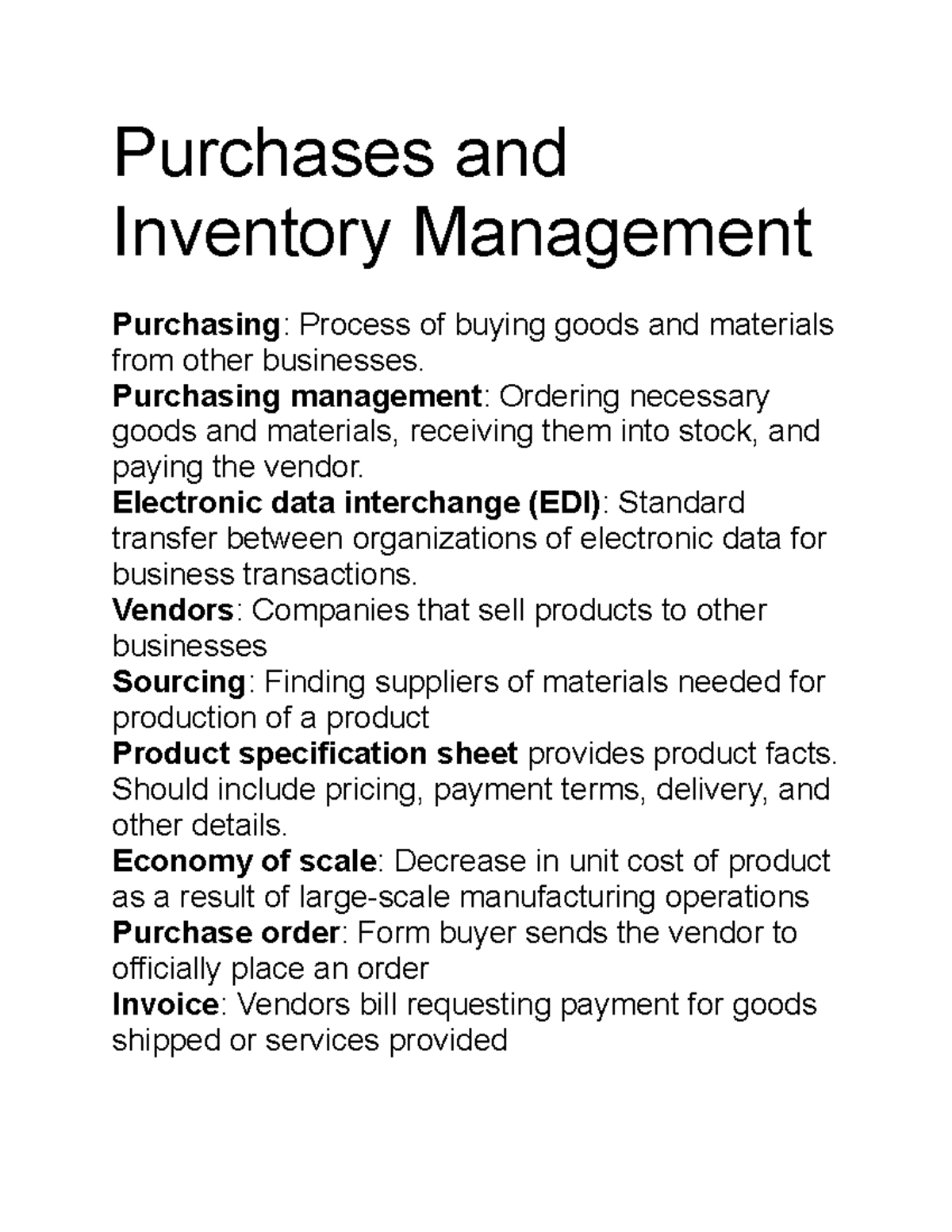 Purchases & Inventory Mgmt Notes for Effective Business Ops - Studocu