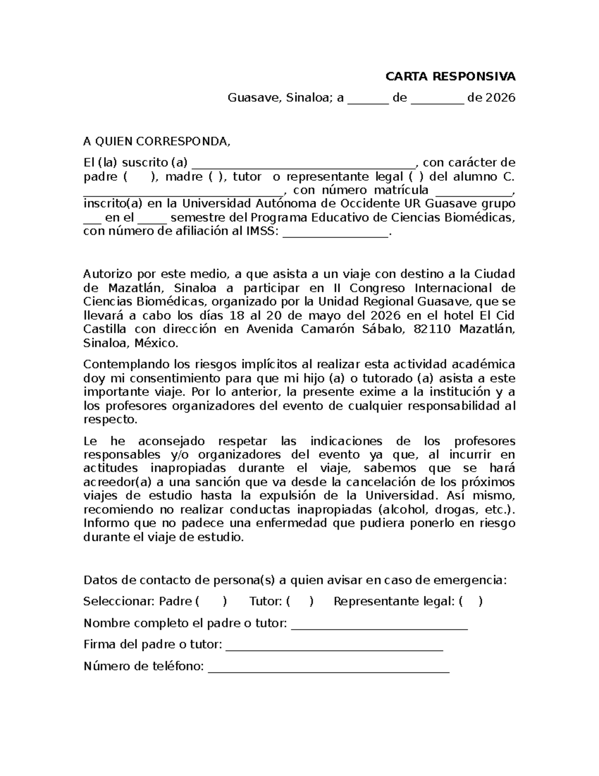 CARTA RESPONSIVA para II Congreso Internacional de Ciencias Biomédicas ...