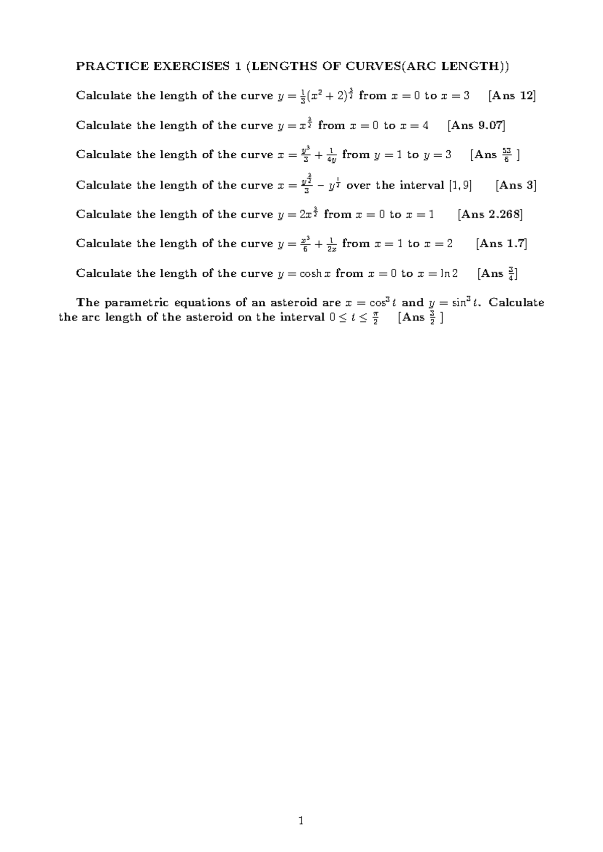 Practice Exercises 1: Arc Length Calculations in Curves - Studocu