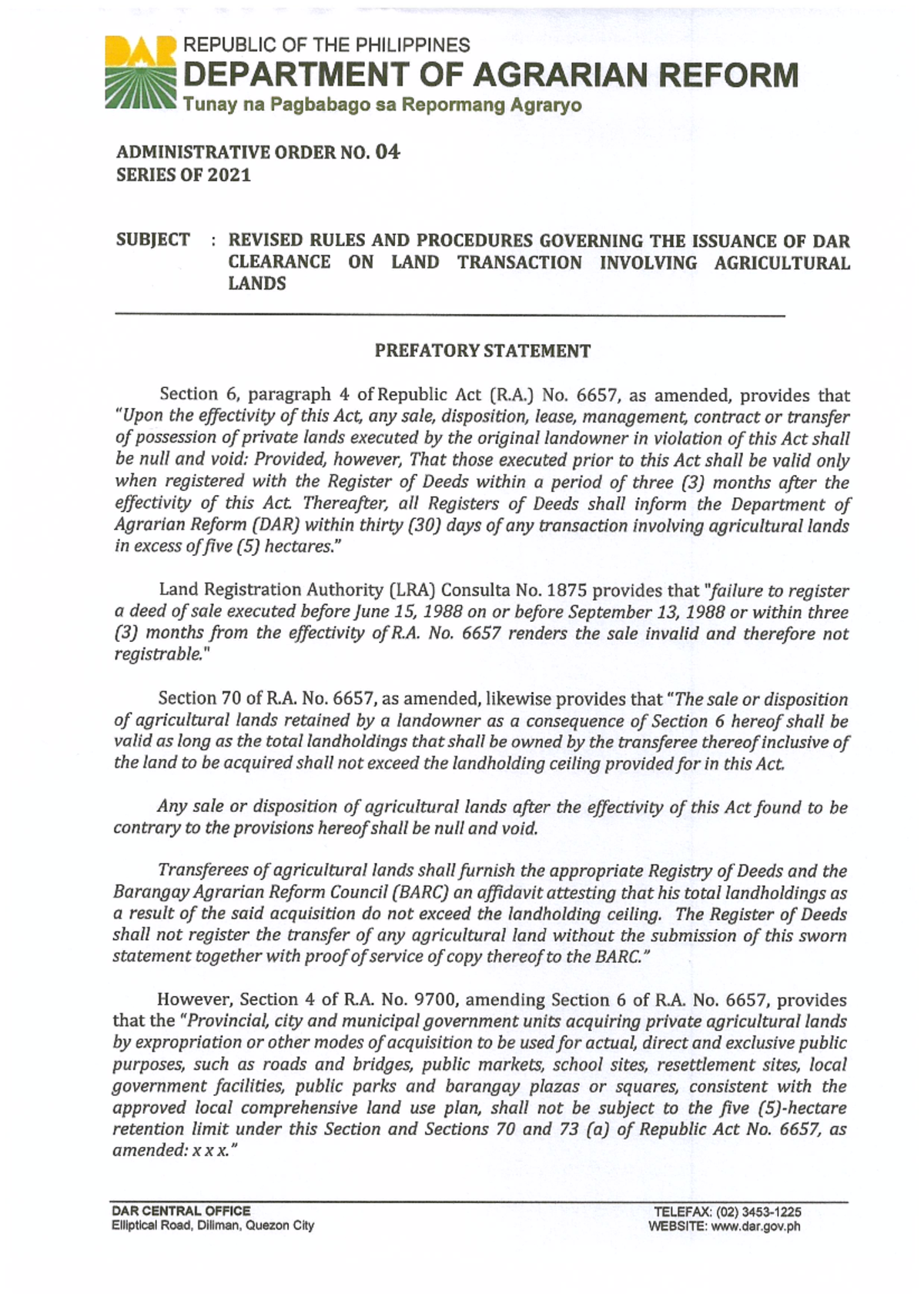 DAR Administrative Order No. 04, Series 2021: Key Highlights - Studocu