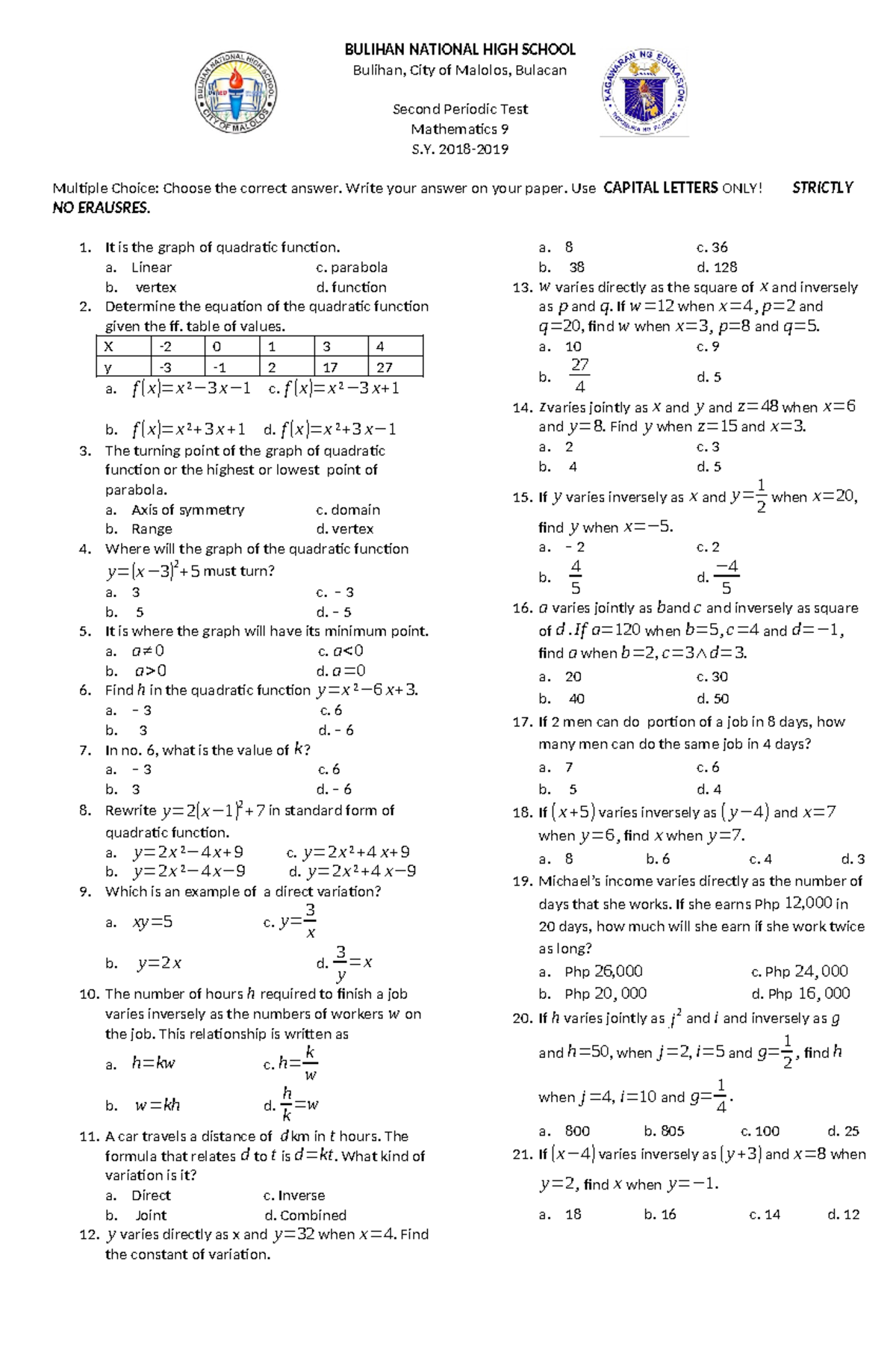 Mathematics 9 - 2nd Periodical Test (S. 2018) Multiple Choice Questions ...