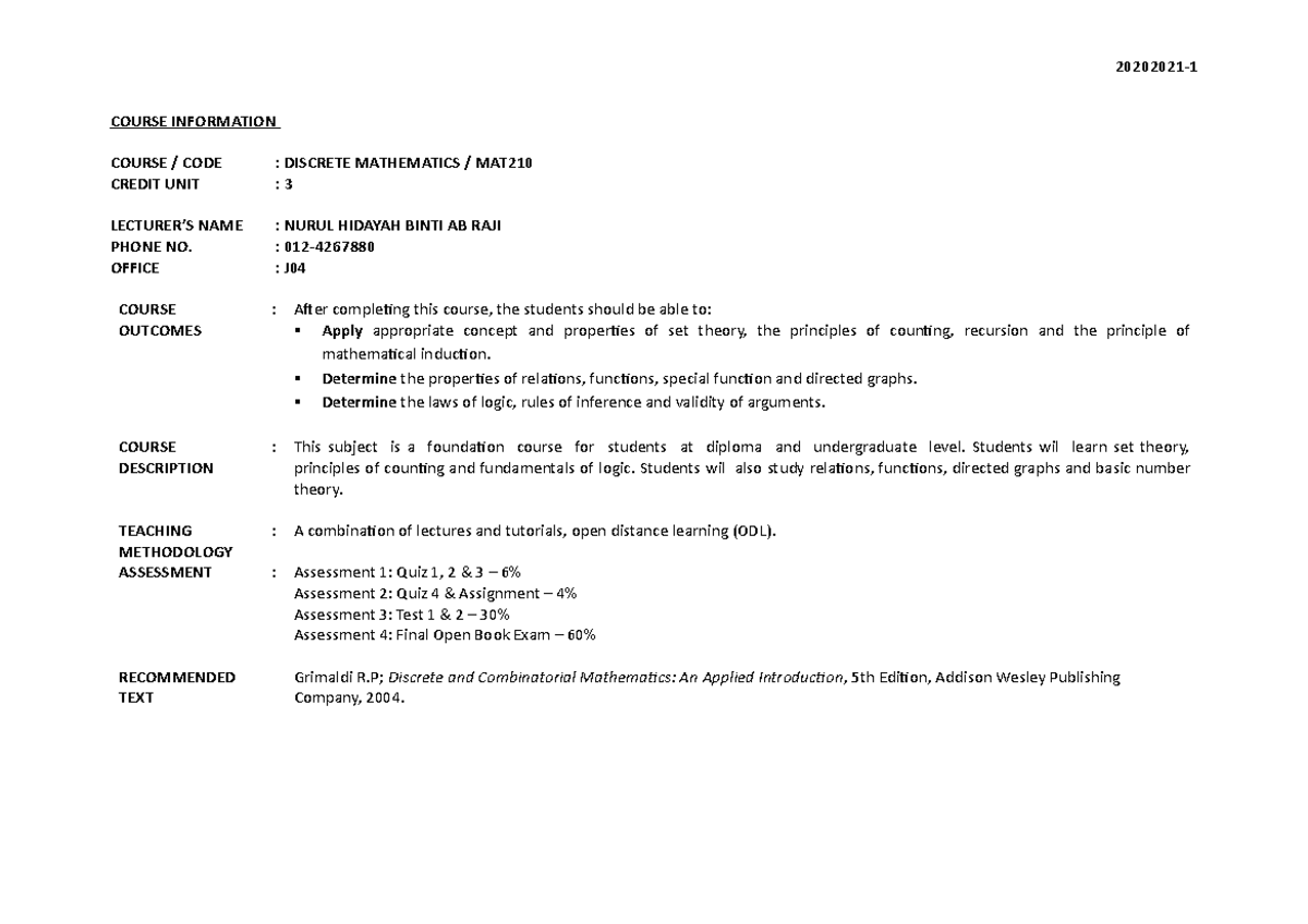 Course Outline MAT210 - 20202021- COURSE INFORMATION COURSE / CODE ...