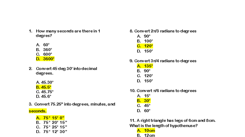 Trigonometry Practice Questions - BSEM 23 - Studocu