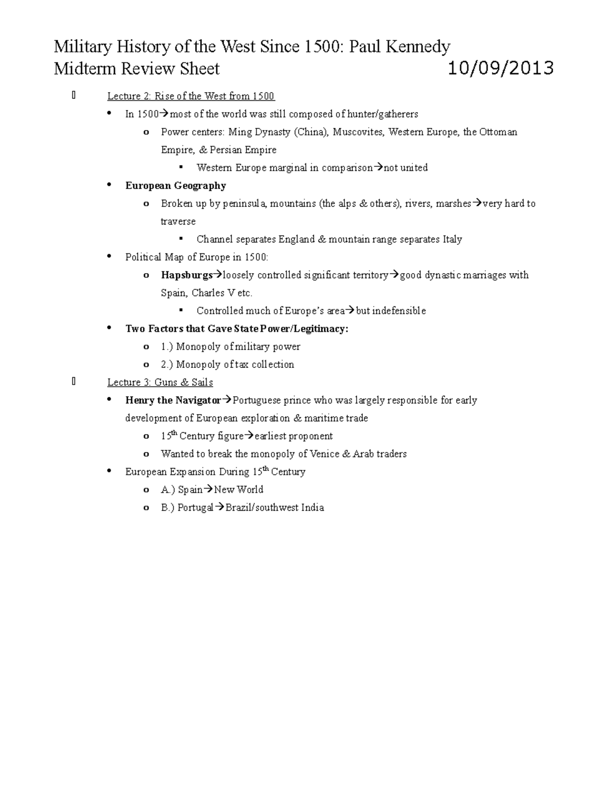 Military History (Course Code) Midterm Review: Rise of the West Since ...