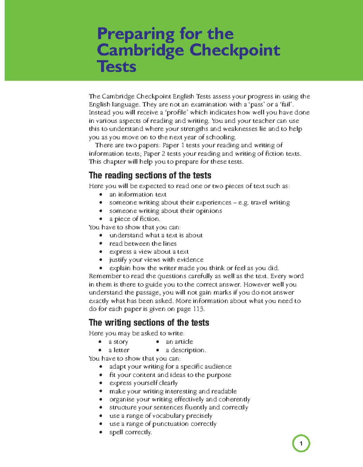 Cambridge Checkpoint 111: English Test Preparation Notes - Studocu