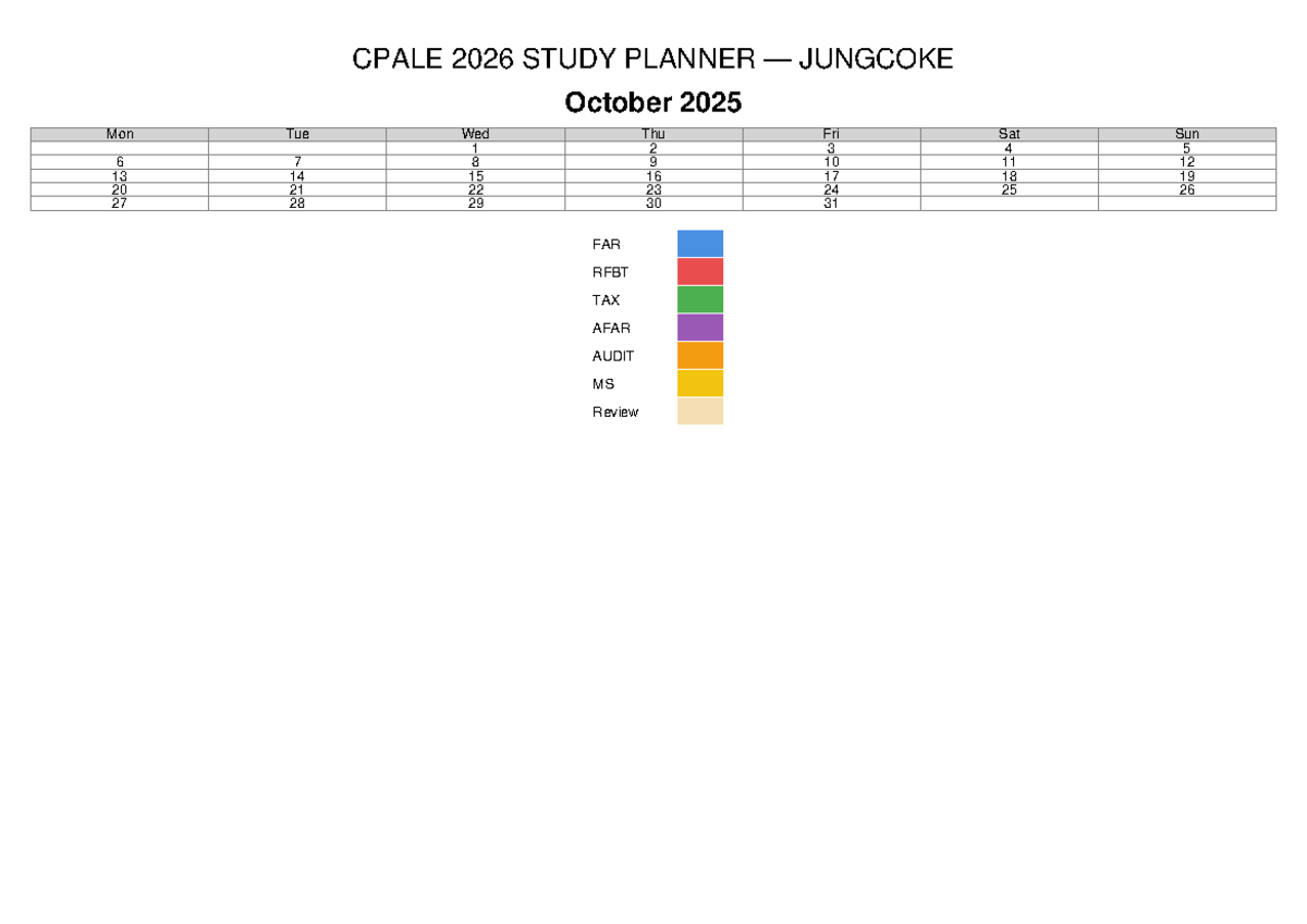 CPALE 2026 STUDY PLANNER: October 2025 Overview by Jungcoke - Studocu