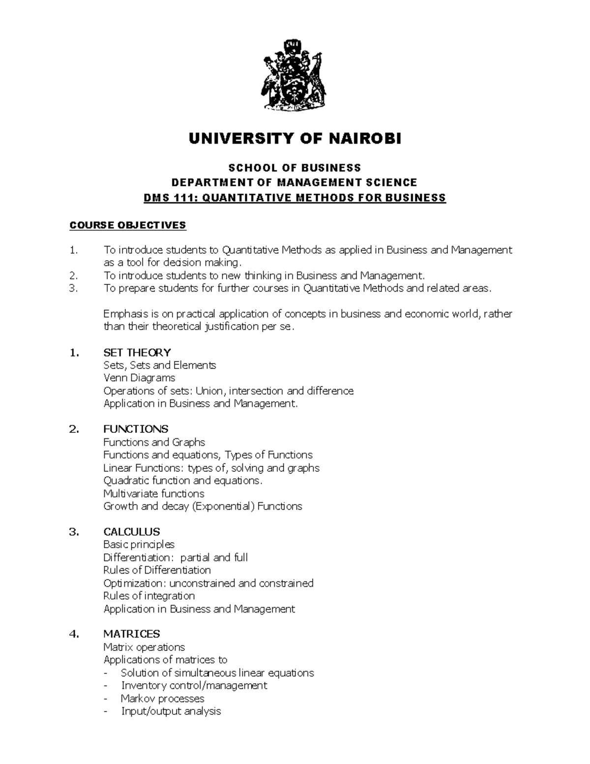 DMS 111: Course Outline for Quantitative Methods in Business - Studocu