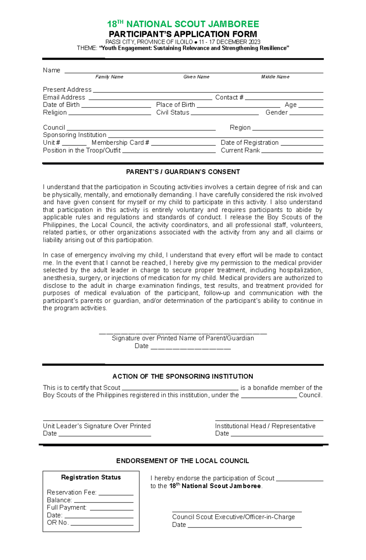 18th National Scout Jamboree Participant Application Form - Studocu