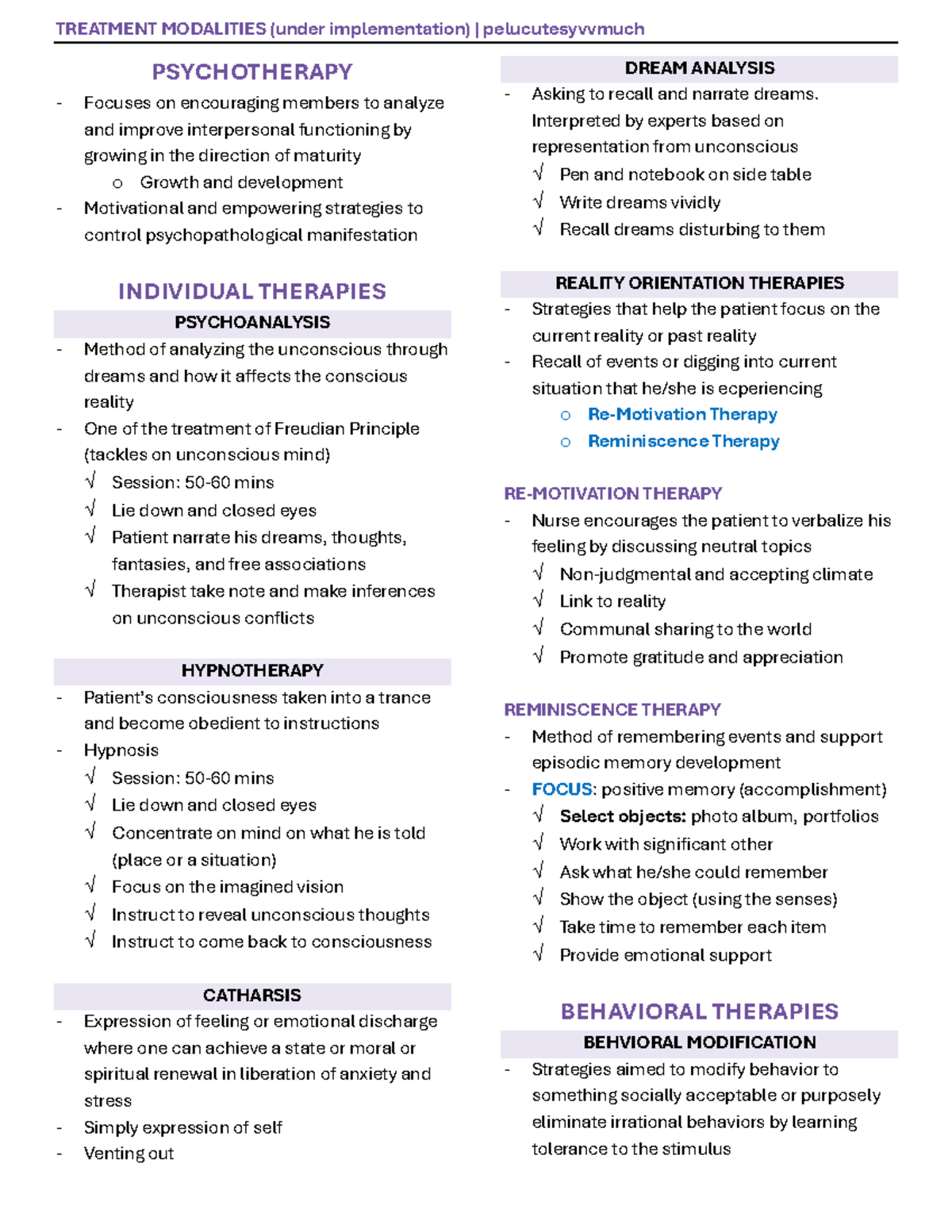 TREATMENT MODALITIES (PSYCHOTHERAPY) - Comprehensive Overview - Studocu