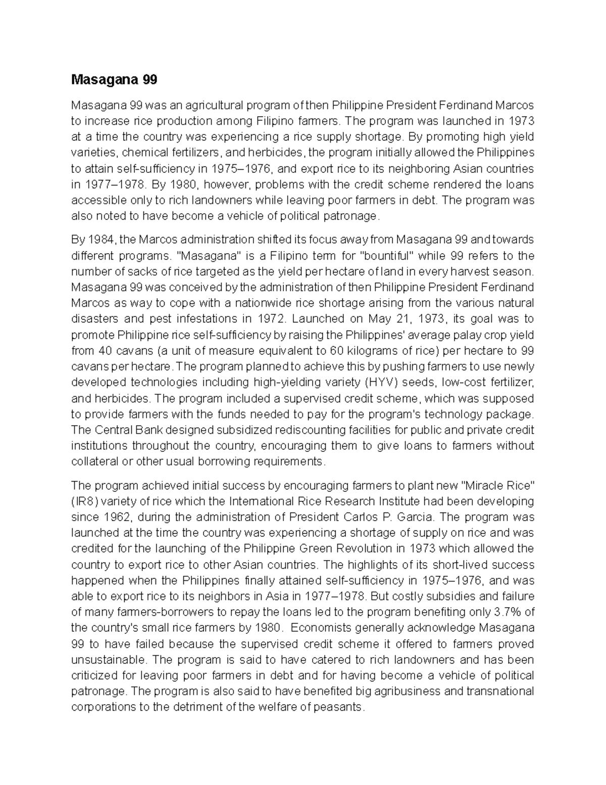 CASE Study 1: Analyzing the Masagana 99 Rice Program in the Philippines ...