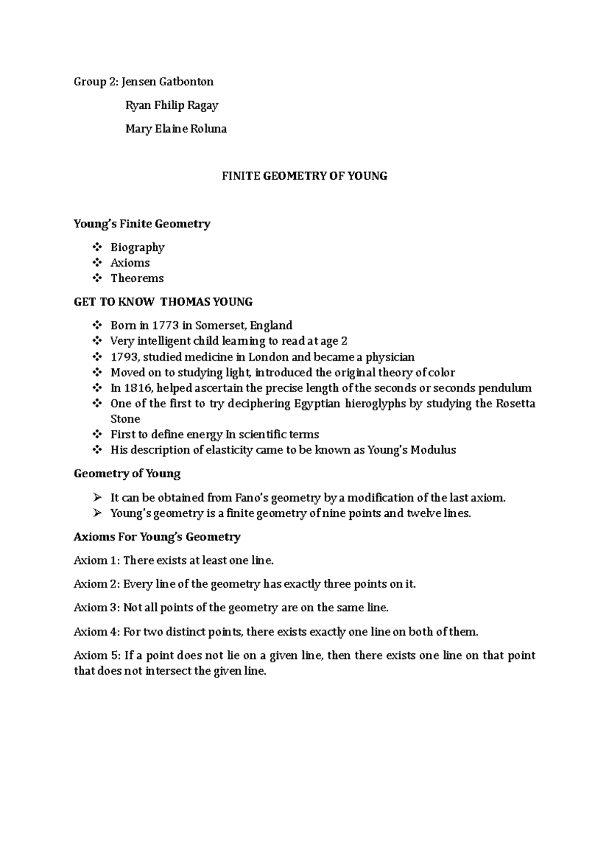 Youngs- Geometry - It talks about lines and points. - Group 2: Jensen ...