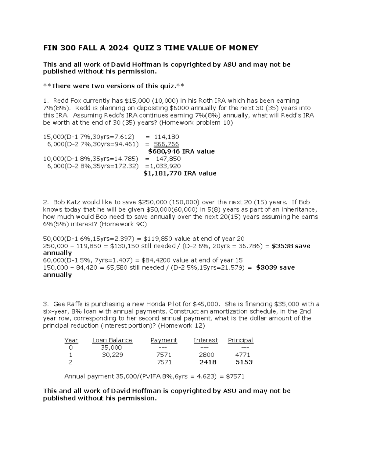 FIN 300 Fall A 2024 Quiz 3: Time Value of Money Calculations - FIN 300 ...