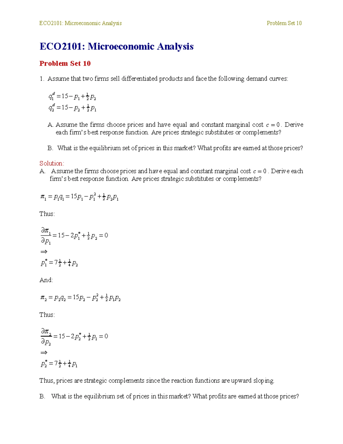 ECO2101: Microeconomic Analysis Problem Set 9 Solutions - Studocu